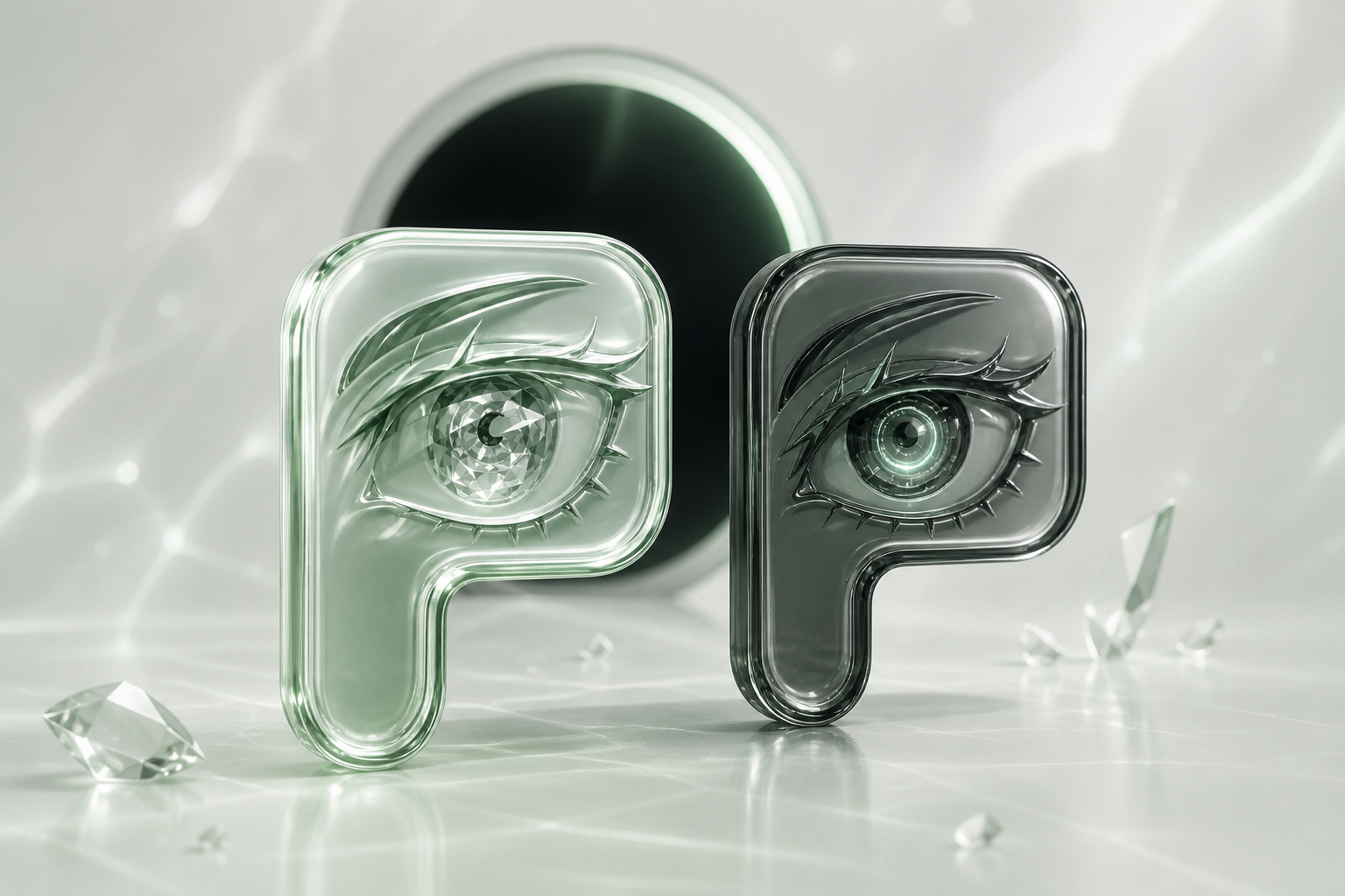 Two glass Pons characters, one pale and one dark, facing the viewer